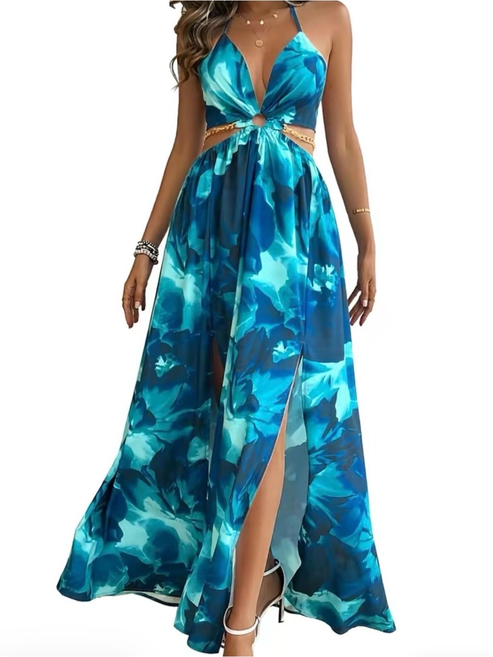 Blue Floral Cutout Maxi Dress - Elegant Summer Evening